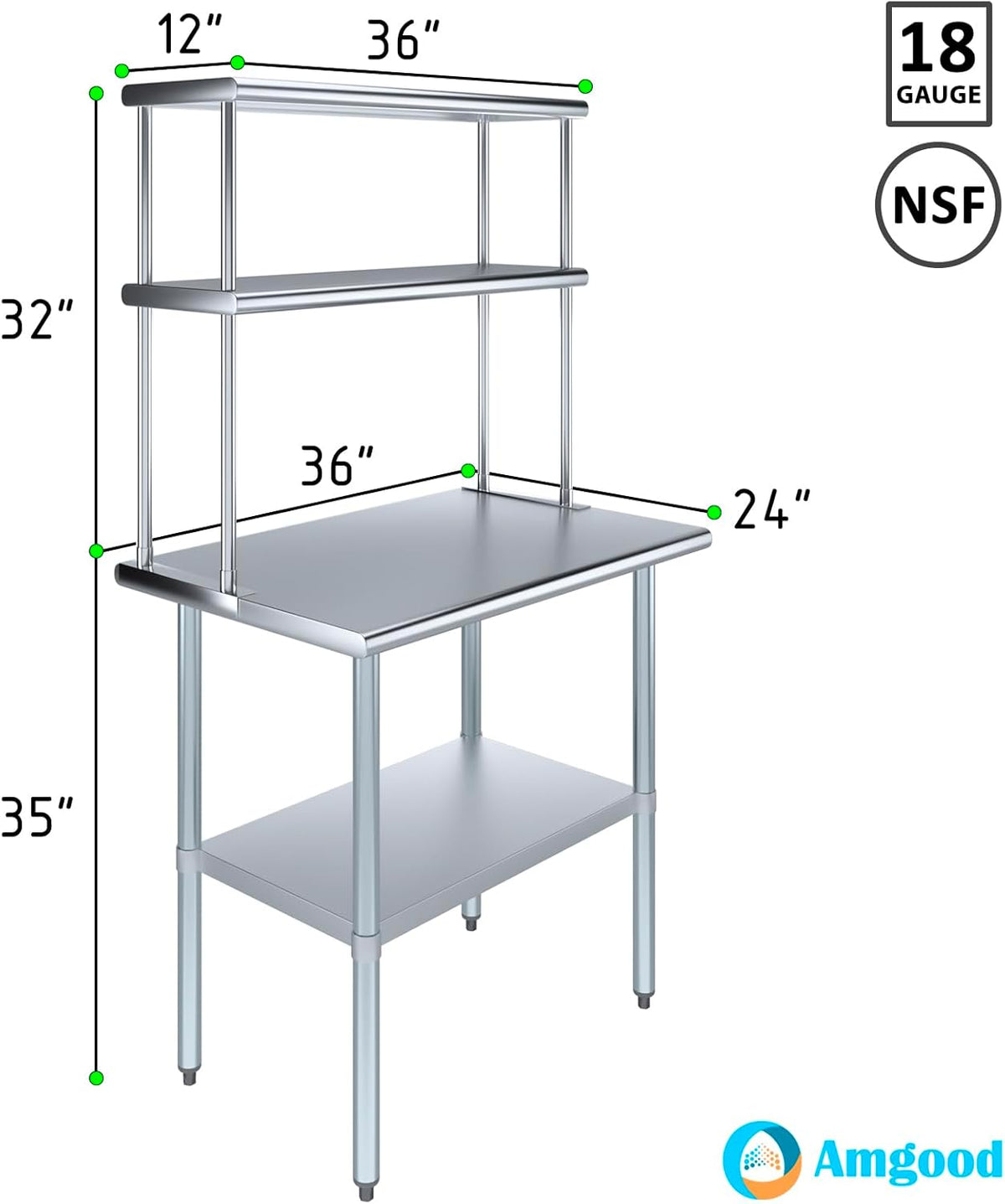 AmGood Stainless Steel Work Table Double Tier Overshelf | NSF (24" x 36" Work Table + 12" Overshelf)