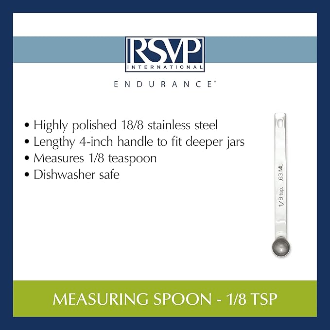 RSVP International Endurance Kitchen Collection Open Stock Measuring Spoon, Stainless Steel, Dishwasher Safe, 0.125-Teaspoon (Pack of 4)