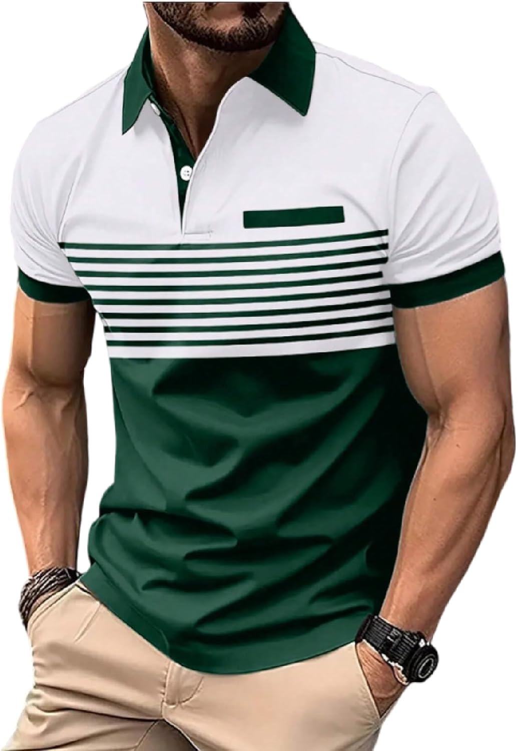 Men's Casual Polo Shirts Short Sleeve Fashion Golf Shirt Classic Striped Slim Fit T-Shirts