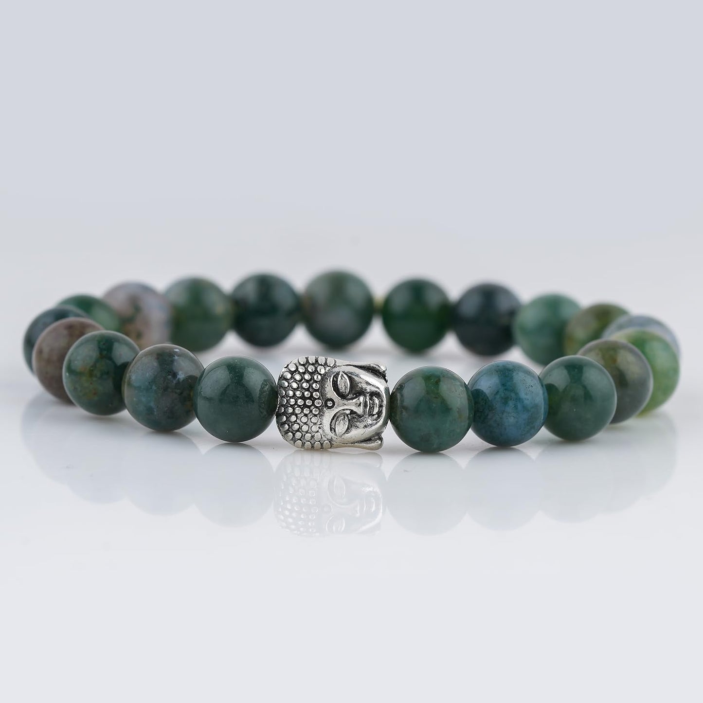 CRYSTALINES Buddha Charm Stretchable Braceclet, Natural Moss Agate Gemstone Beads, Plain Round Stones, Handmade Boho Strech Bracelet, Adjustable Spiritual Healing Crystal Unisex Jewelry Gift