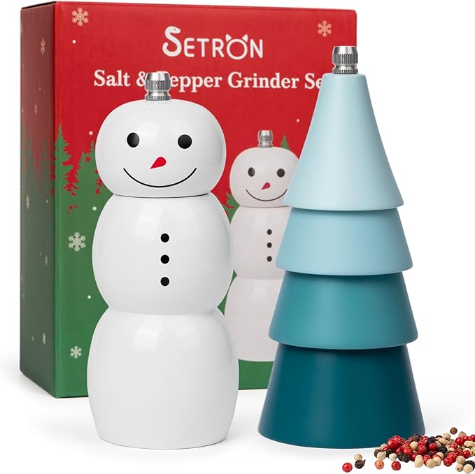 Christmas Salt and Pepper Grinder Set, Snowman & Tree Refillable Salt and Pepper Mills with Adjustable Ceramic Core, Wooden Manual Salt and Pepper Shakers for Kitchen,Gift, Christmas Decor