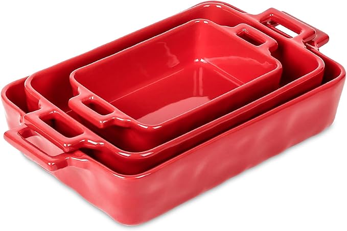 VICRAYS Ceramic Bakeware Set, Porcelain Rectangular Baking Dish, Baking Pan Lasagna Pans Casserole Dish Set for Cooking, Kitchen, Cake Dinner, Banquet and Daily Use, 3 PCS, 15 x 8.5 Inches (Red)