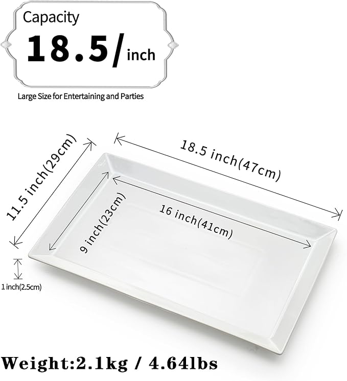 MIECOO Large Serving Platters, 18.5" x 11.5" White Serving Trays Set, Rectangular Porcelain Plates for Party, Wedding, Birthday, Entertaining, Food, Appetizer, Fruit, Sushi, Dessert, Set of 2