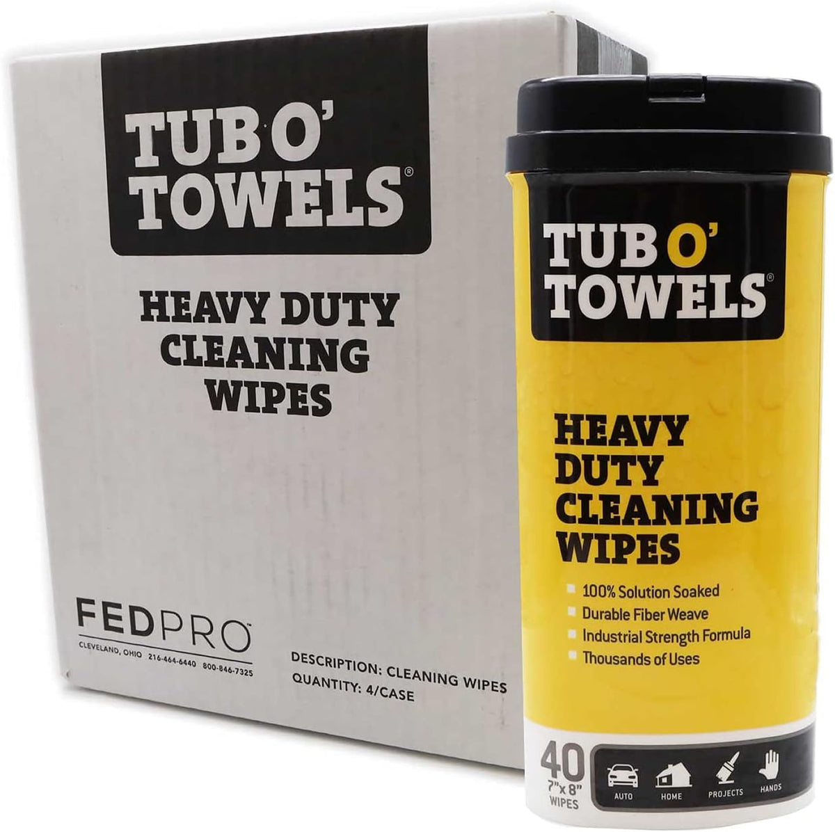 Tub O' Towels Heavy-Duty Multi-Surface Cleaning Wipes, 7" x 8", 40 Count Canister, Removes Grease, Grime, Tough Stains, Durable Disposable White Wipes for Home, Garage, Outdoor Cleaning Tasks, 4-Pack