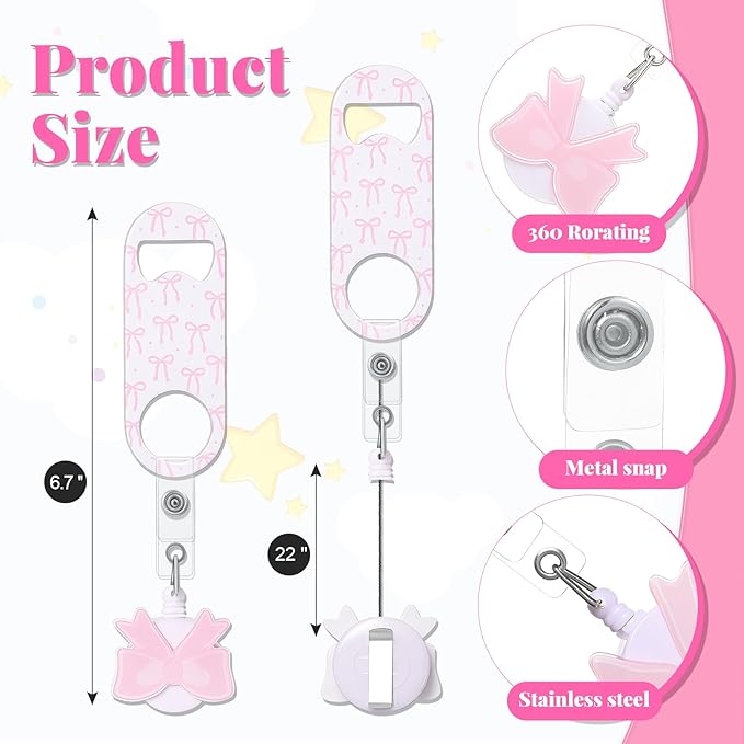 Honoson 8 Pieces Retractable Flat Bottle Opener Bartender Beer Opener with Round Badge Reel Clips Holder Bar Keys for Bartender Gifts Kitchen Home Party Supplies (Bow,Pink)