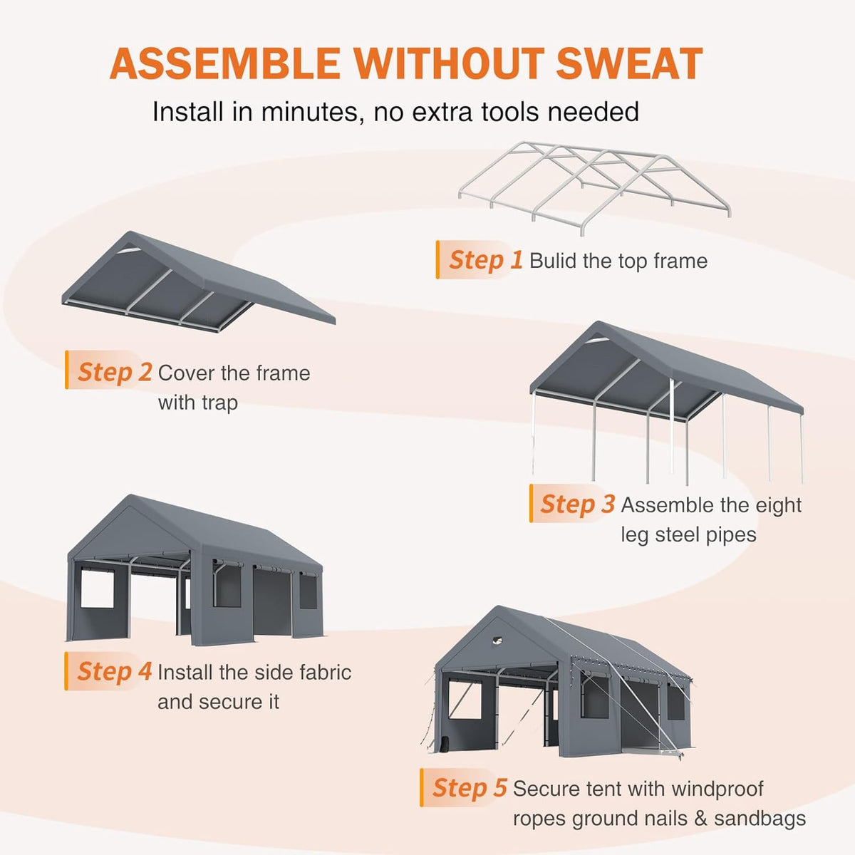 Carports 10X16 Heavy Duty，Portable Car Port Garage，Carport Canopy with Side Doors，Outdoor Car Shelter All Weather,Grey