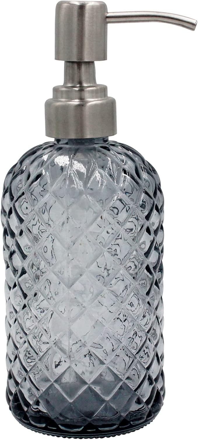 16 oz Diamond Pattern Glass Soap Dispenser, Kitchen and Bathroom Refillable Soap Dispenser with Rust Resistant Stainless Steel Pump for Hand Soap, Lotion Glass Liquid Dispenser (Grey)