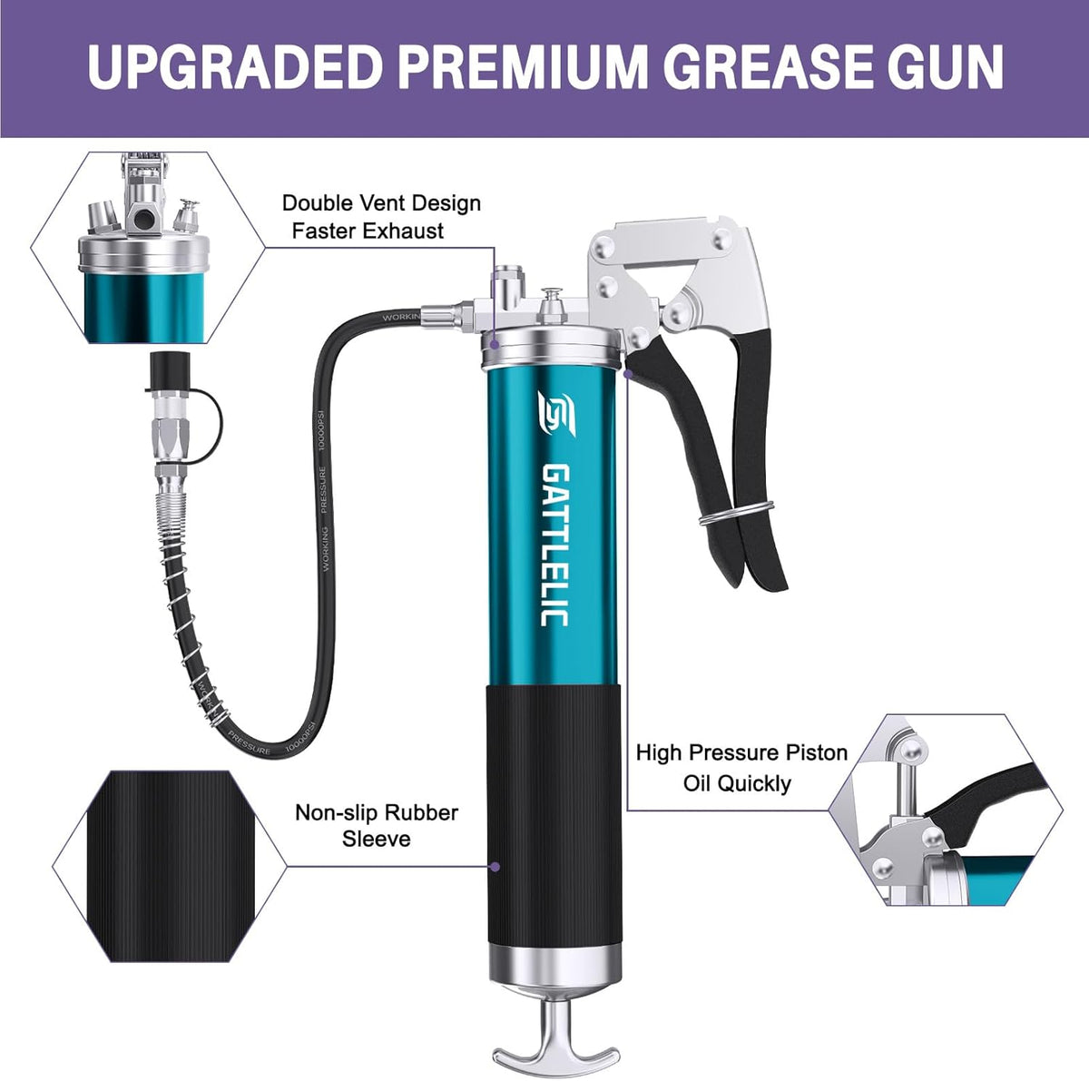 8000 PSI Heavy Duty Grease Gun Kit - 14oz with Flex Hose, Sharp Nozzle, Extension Pipe & Coupler, Blue