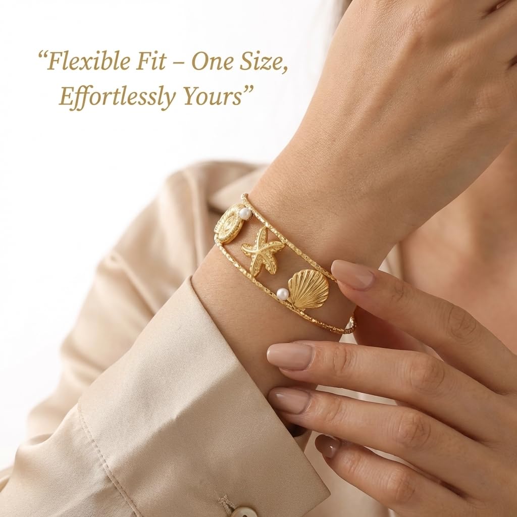 MystiGlimmer Starfish Bracelet with Luxury Gift Box 18K Gold Plated Stainless Steel, Adjustable Open Cuff, Waterproof & Hypoallergenic Jewelry Gift for Women (Seashell-Starfish2)