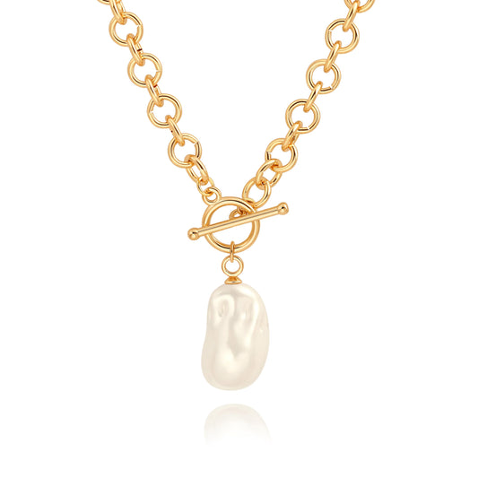 Large Baroque Pearl Pendant Necklace, 18k Gold Plated Chunky Chain Link Necklace for Women, Statement Necklace with Toggle Clasp