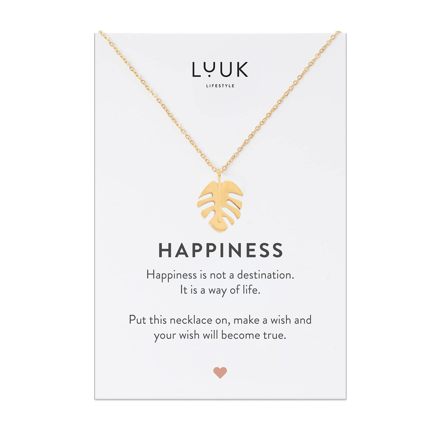 LUUK LIFESTYLE Filigree 19” necklace with monstera leaf pendant, modern and minimalist fashion accessory, nature zen jewellery for everyday life, HAPPINESS gift card, lucky charm, layer look, gold