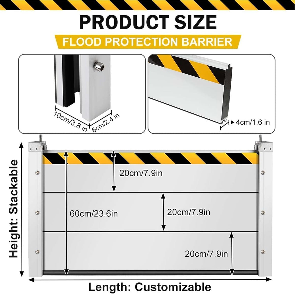 Reusable Heavy Duty Aluminum Flood Barriers for Home Exterior, Flood Protection Barriers Water Barrier Door Quick Detachable Garage Doors Detachable Mobile Rain Water Baffle (H 7.9 inch L 10.5FT)