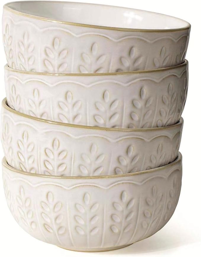 Artena Soup Bowls 32 OZ, Cereal Bowls Set of 4, White Embossment Ceramic Ramen Bowls for Dinner, Salad, Pho, Noodle, Pasta, Snacks, Dishwasher Microwave Safe, 6.3 Inch, Wheat Leaf