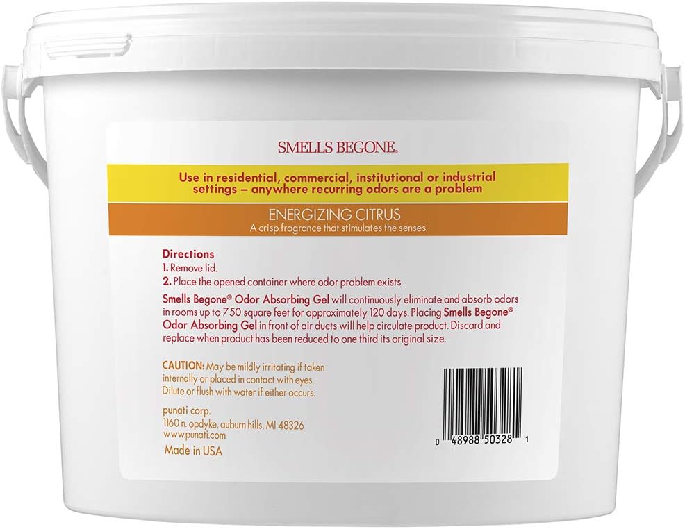 SMELLS BEGONE 1-Gallon Odor Absorber Gel - Air Freshener & Odor Eliminator for Homes, Garages & Commercial Buildings - Industrial Size - Energizing Citrus Scent
