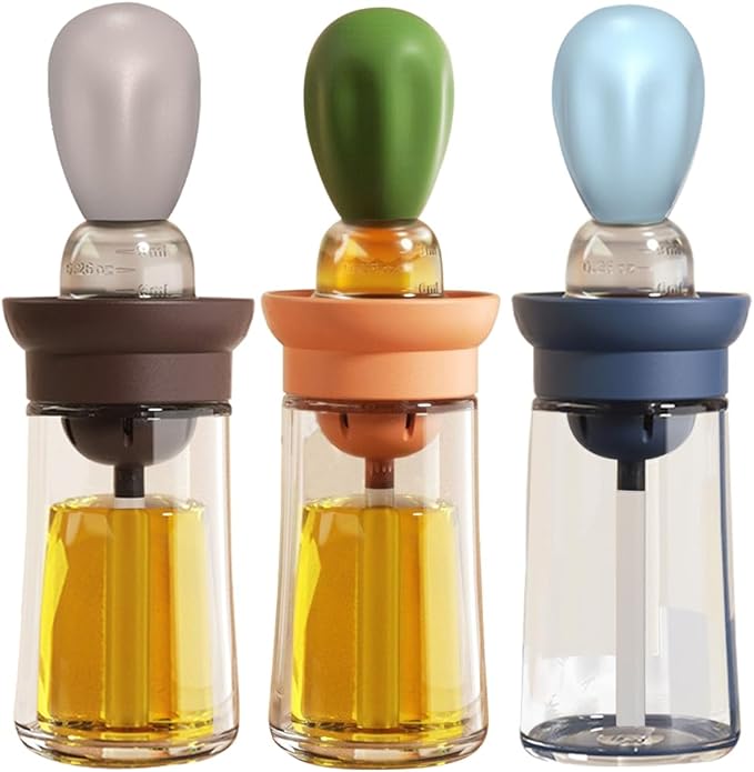 TINMIX Oil Dispenser with Brush - 3 Pack 2 IN 1 Olive Oil Dispensing Bottle with Basting Brush for Cooking Frying Baking Kitchen, 180ml, T-OB21 Blue+Grey+Green