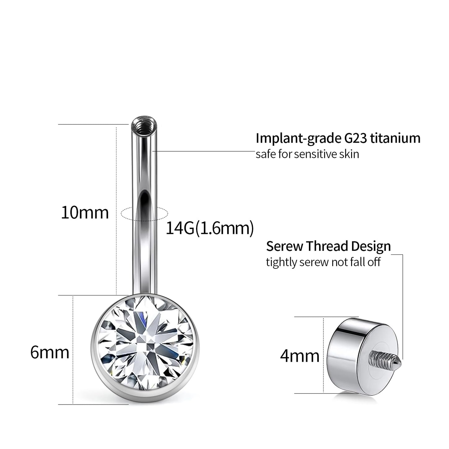 XUU Titanium Belly Button Rings, Black & Silver – 14G Internally Threaded Navel Piercing Jewelry, 10mm & 12mm Curved Barbells with 7 Colors Gems – Hypoallergenic (Silver-Clear cz, 10MM)