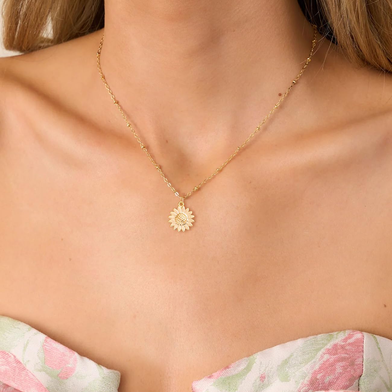 BSGRL Gold Necklace for Women: 14K Gold Plated Dainty Sunflower Necklace 16.5”+2” ext
