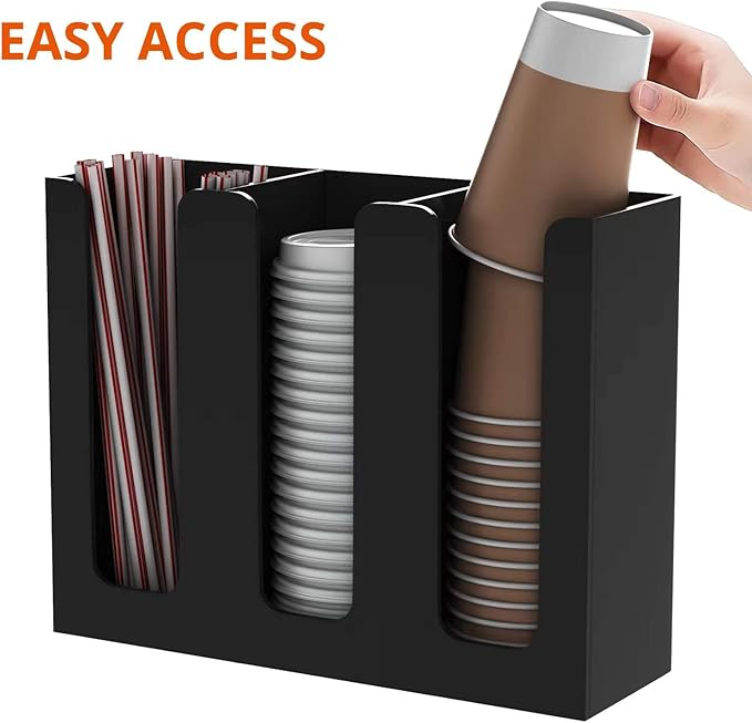 Richboom Acrylic Coffee Cup and Lid Storage Organizer Holder, 3 Compartments, Black