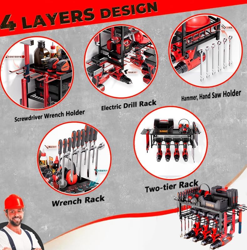 Power Tool Organizer, Garage shelving 2 Layers Garage Tool Organizers 4 Drill Holder Wall Mount, and Heavy Duty Metal Tool Shelf with Screwdriver Holder/Plier Holder/Hammer Holder (Black, 2 Layer)