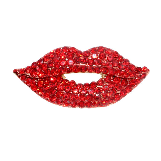Red Crystal Lip Brooch Fashion Elegant Rhinestone Wedding Party Brooches Pin Jewelry Accessories Valentines Gift for Women Girl Gold Plated
