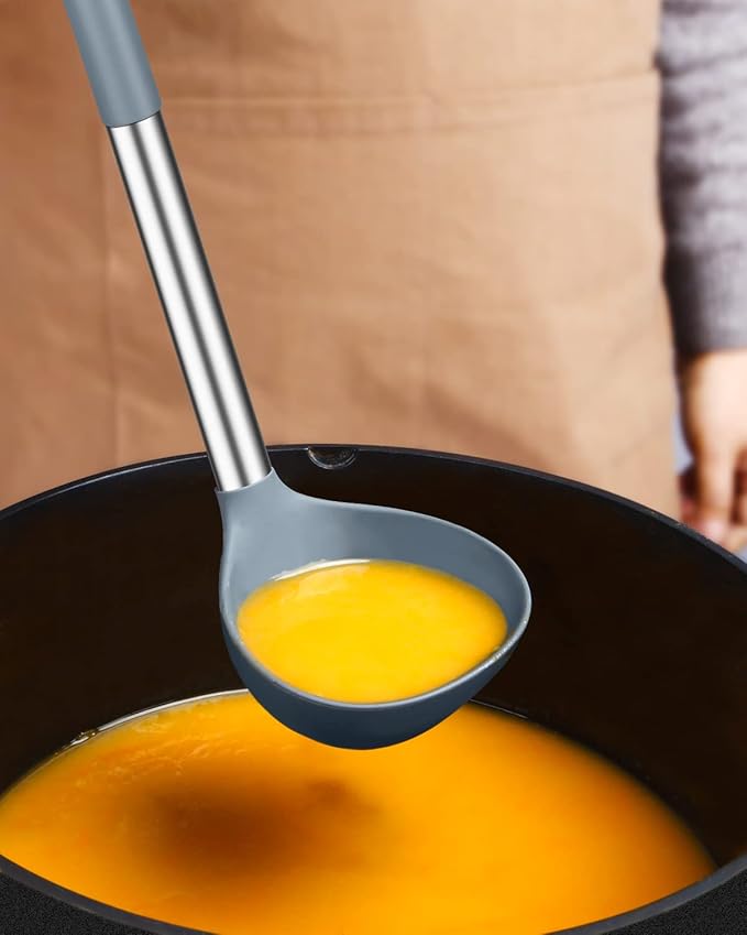 Pack of 2 Ladle Spoon,Silicone Large Spoon for Soup,Non Stick Kitchen Utensils with High Heat Resistant,BPA Free Perfect Kitchen Tools for Cooking, Stirring,Serving Soups (GREY-BLUE)