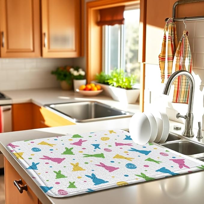 Easter Dish Drying Mat for Kitchen Counter 16''x18'' Microfiber Absorbent, Small & Compact Red Kitchen Draining Mat for Countertops Dish Drainer Mat Drying Pad Foldable Utensils, and Cookware