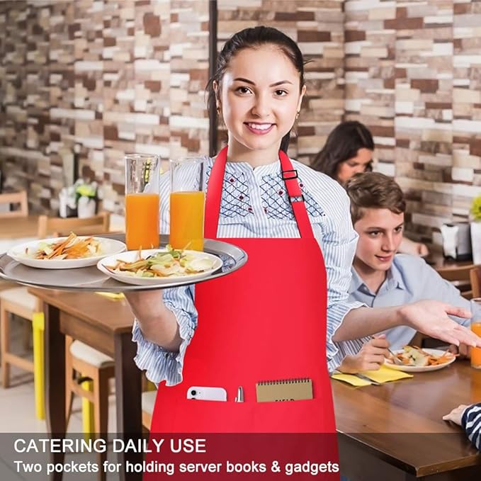 Jubatus 1 Pack Bib Aprons with 2 Pockets Cooking Chef Kitchen Apron for Women Men, Red
