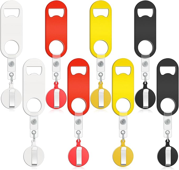 Honoson 8 Pieces Retractable Bottle Opener Bartender Flat Beer Opener with Round Badge Reel Clips Holder for Kitchen Restaurant Home Supplies Party Gifts (Classic,Red,Yellow,Black,White)