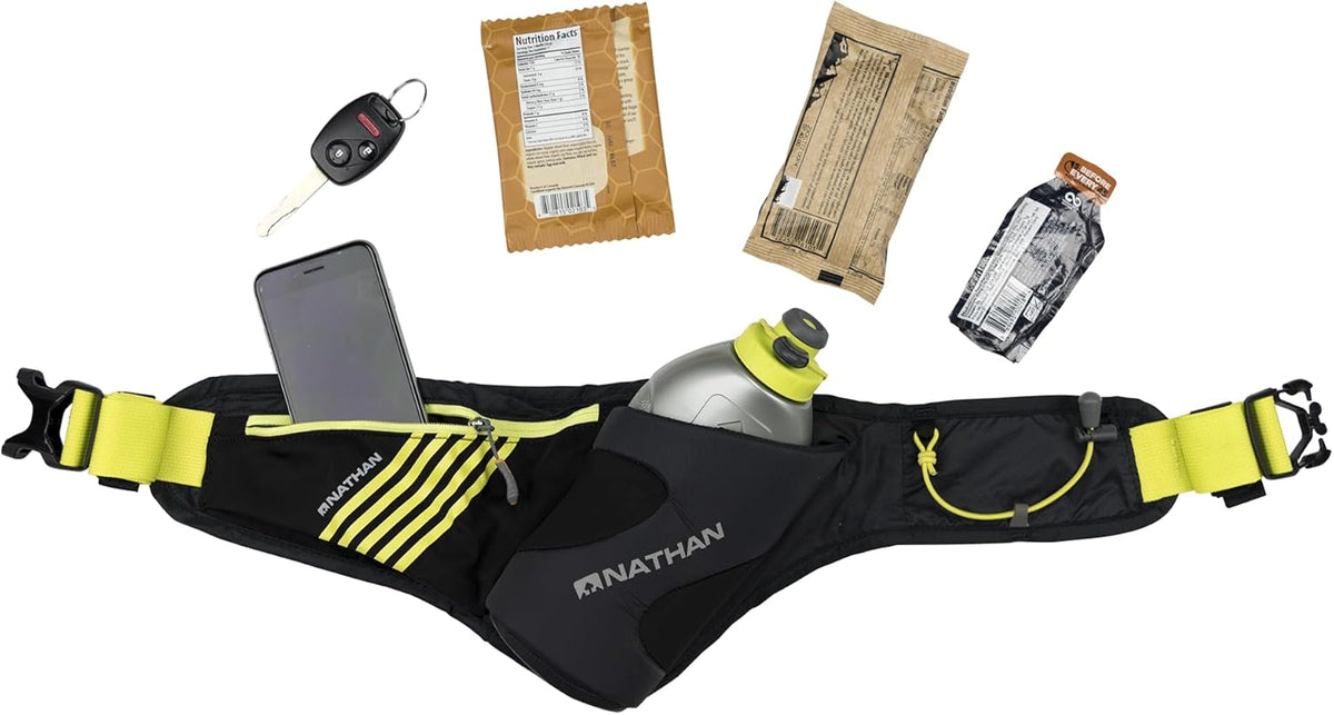 Nathan Peak Running Hydration Waist Pack Belt w/ Speed Draw Flask Water Bottle, 18oz/535 ml Push/Pull Race Cap, Expandable Zippered Stretch Pocket