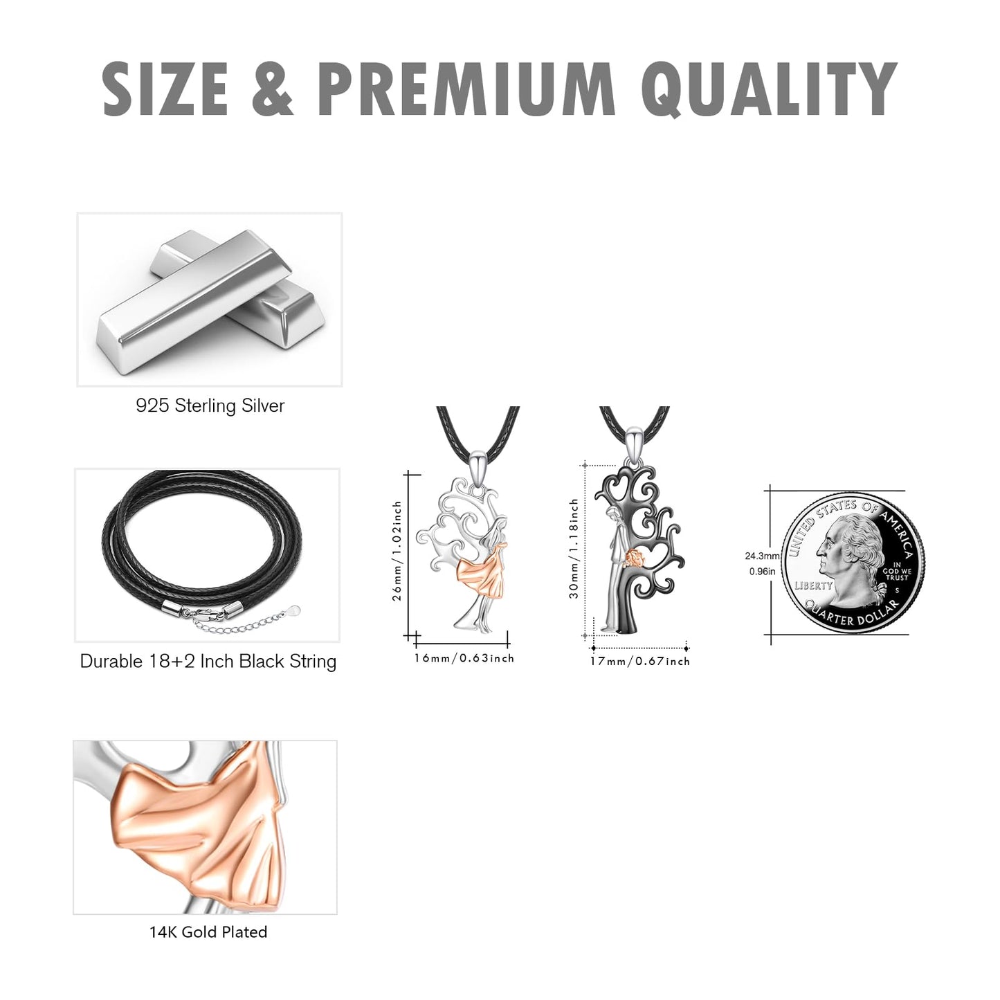 OHAYOO Couple Matching Necklace 925 Sterling Silver Black and White Tree of Life Necklace for Couple Jewelry Gift for Him and Her
