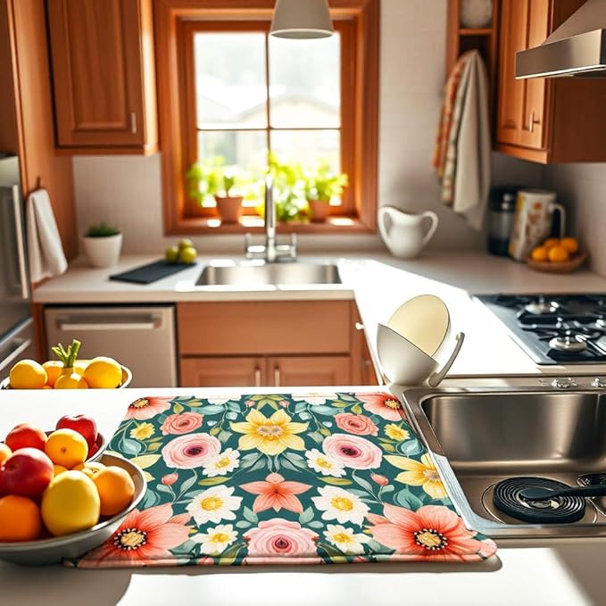 Large Blue Floral Spring Dish Drying Mat for Kitchen Counter 18x24 Microfiber Absorbent - Foldable, Non-Slip, Compact Kitchen XL Drying Mats for Dishes, Countertops, and Cookware