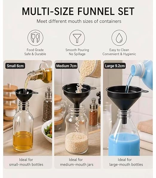 Stainless Steel Funnels Set Kitchen Funnels 3 Piece Set Small Medium Large Black Funnel for Dry Ingredients for Liquids (Black-with Brush)