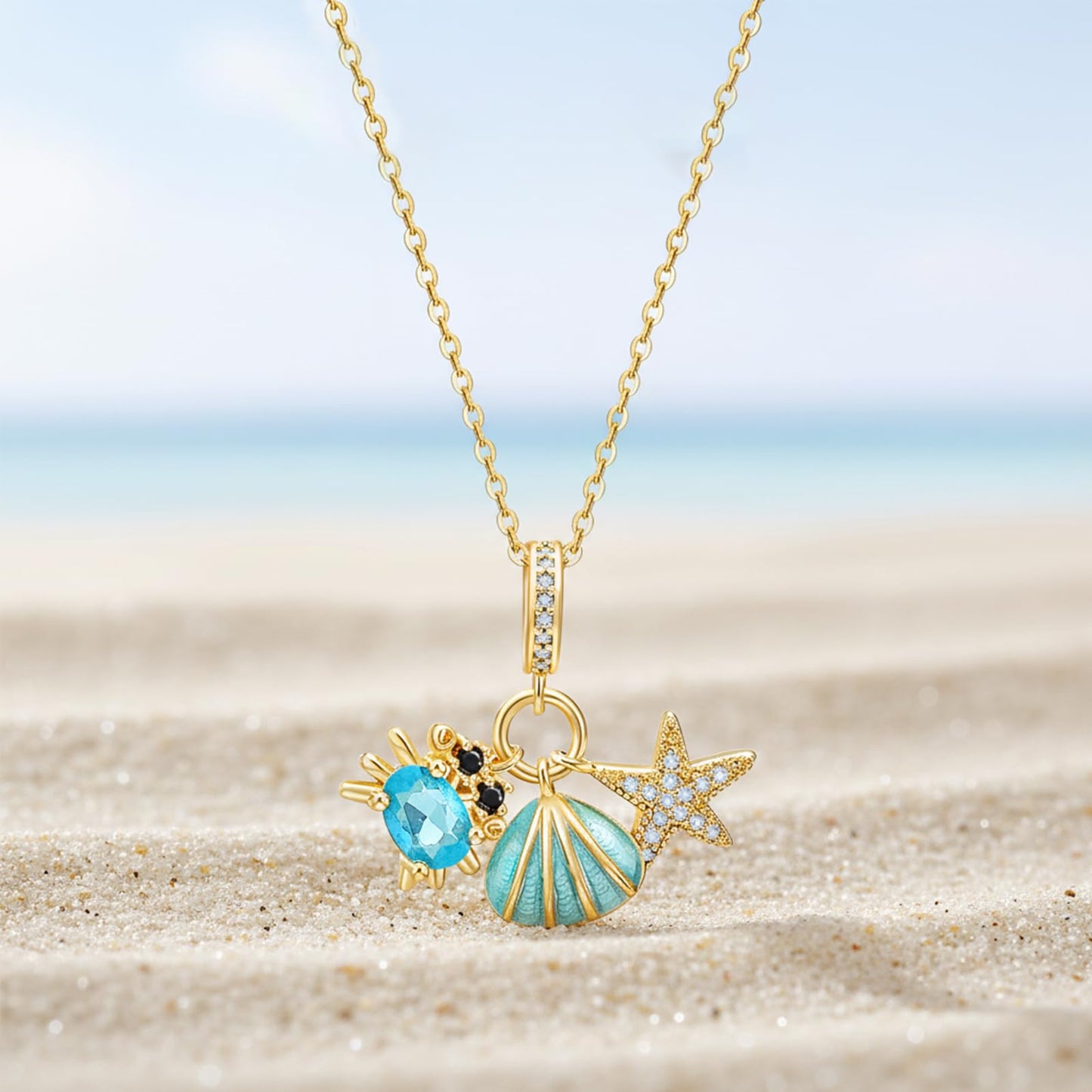 crataly Beach Holiday Aquamarine Necklace For Women-Gold Plated Mini Crab Enamel Seashell CZ Starfish Necklace For Graduation Valentines Day Mother's Day Christmas Birthday Gifts