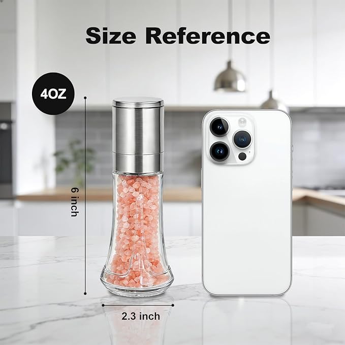 Aelga Salt Grinder with Silicone Funnel - 4oz Glass Manual Mills with Adjustable Ceramic Core, Refillable Kitchen Gadget