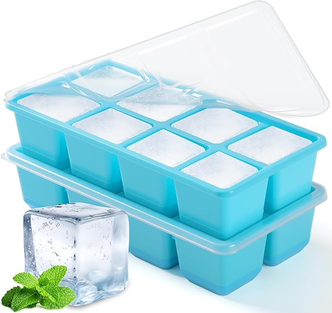 Large Ice Cube Trays with Lid, Jrisbo 2 Pack Stackable Silicone Ice Cube Molds for Freezer, Easy Release 16 Big Square Ice Trays for Whisky Cocktails (Pure Blue)