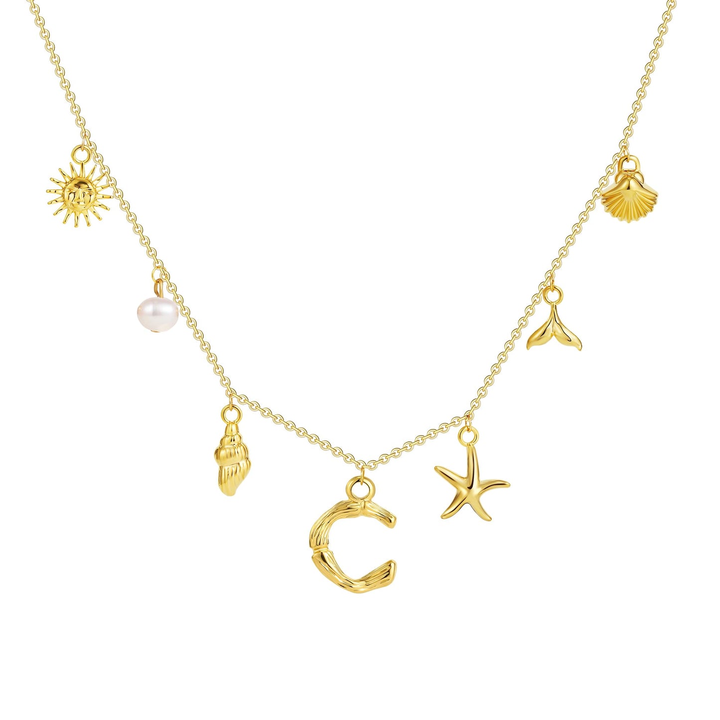 SLOONG Initial Charm Necklace 14K Gold Plated Letter Neckalce Freshwater Pearl Necklace Choker Boho Summer Seashell Beach Starfish Surfer Jewelry Gifts for Women C