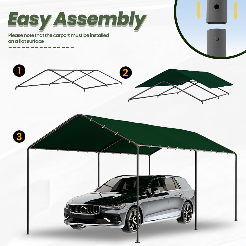 Carport, 10‘ x 20’ Heavy Duty Portable Garage All-Season Car Canopy w/Removable Sidewall & Doors, Carport Canopy Party Tent w/Water-Resistant Tarp for Backyard (Green, 10' x 20' /no Side)