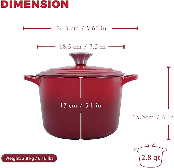 Flavehc Dutch Oven Pot with Lid 2.8 qt Cast Iron Dutch Oven for Bread Baking Red Enameled Cast Iron Rice Pot with Handels