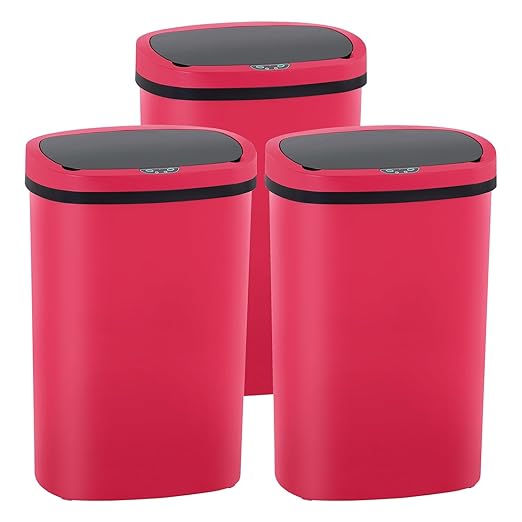 PayLessHere | 13 Gallon Plastic Trash Can | Red | Automatic Touchless Lid with Motion Sensor | Kitchen Garbage Can with Waterproof Design | for Home, Office, Bathroom | Pack of 3
