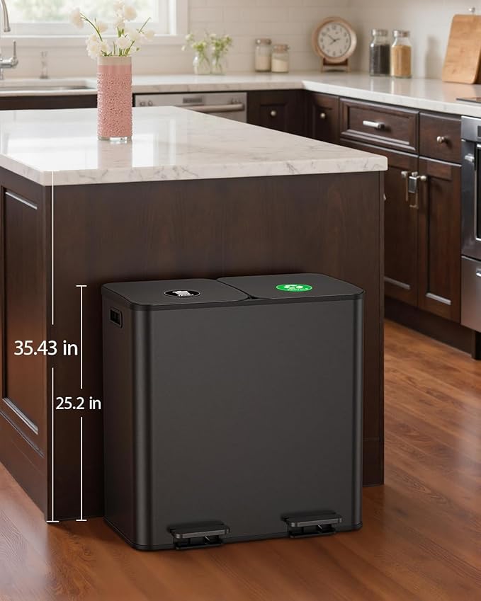 Lovewind Dual Trash and Recycling Bins for Kitchen, 2 * 11-Gallon Stainless Steel Double Trash Can, Step-On Garbage and Recycle Combo, Quiet Close, Pet-Proof, Compatible with 13-Gallon Bags, Black