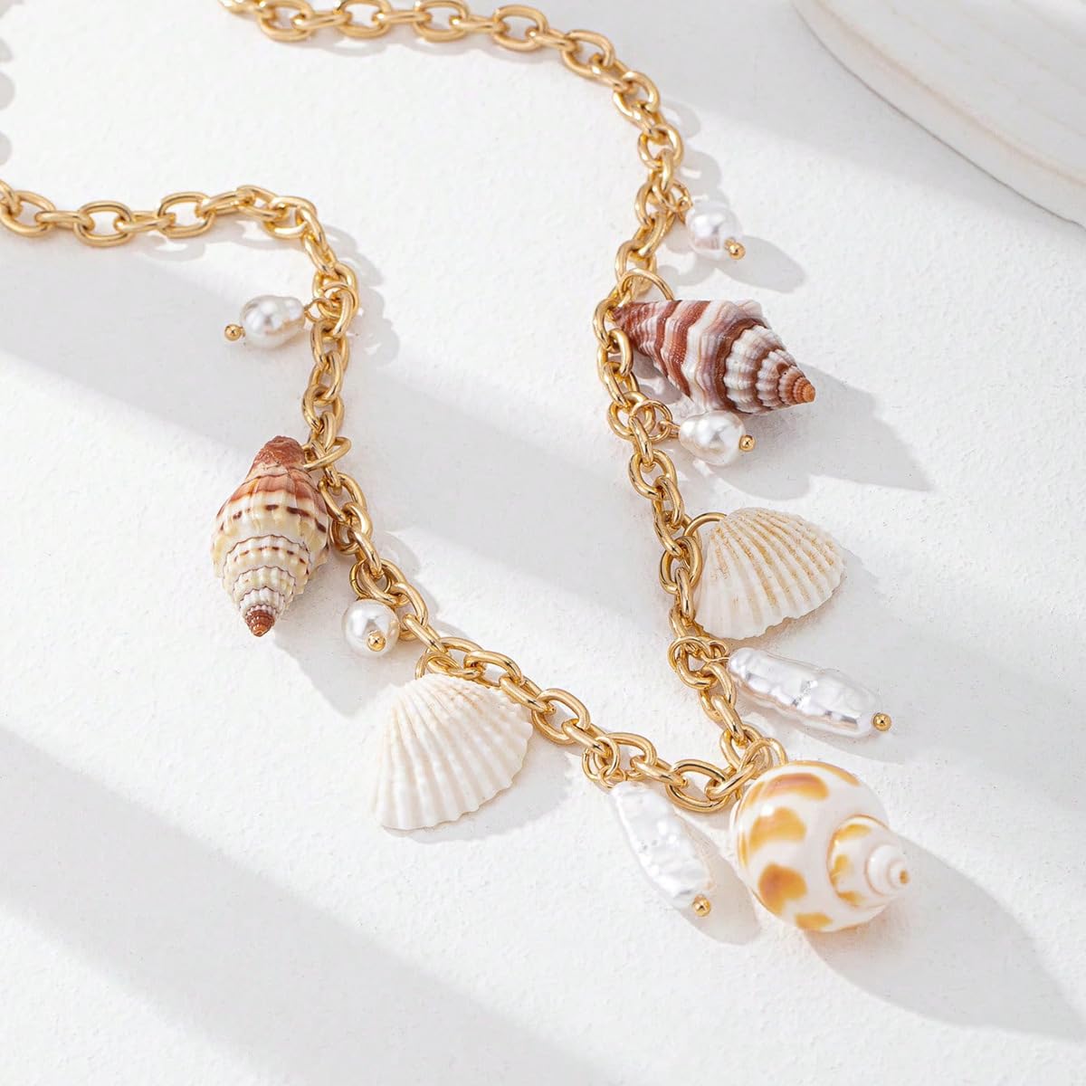 BlingNook Gold Charms Necklace For Women, Colorful Charm Beachy Fish Conch Seashell Heart Pepper Cool Ocean Layered Stackable Summer Holiday Jewelry (Conch)