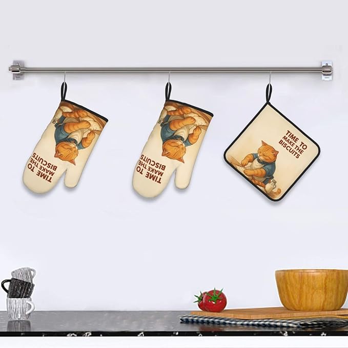 Cute Cat Oven Mitts and Pot Holder Set, Funny Heat Resistant Kitchen Gloves Hot Pad, Cooking Baking Lovers Spring Easter Gifts for Women, Whimsical Kitchen Decor & Gifts for Chef Cooks Cat Lovers Mom