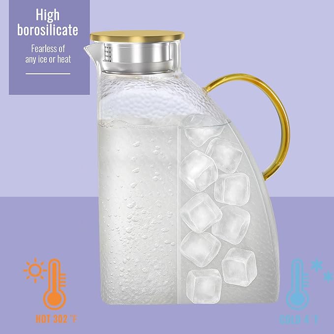 WARMSIMPLE Glass Pitcher With Lid,1 Gallon Glass Water Pitcher For Fridge, 128OZ glass pitchers With Handle And Lid, Hot And Cold pitchers, Large Carafe Jug For Iced Tea Juice Coffee Milk
