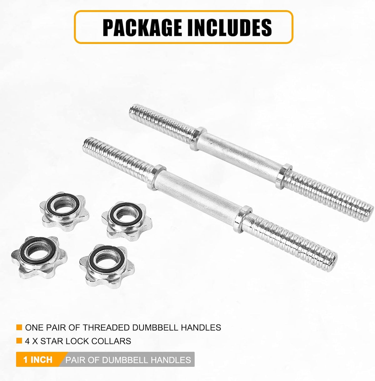 Threaded Dumbbell Rubber/Chrome Handles 1 Inch Pair, Adjustable Dumbbell Bar Handles, Fits Standard Weight Plates with 1” Diameter, for Gym Workouts, Exercise, Weightlifting, Sold in Pair
