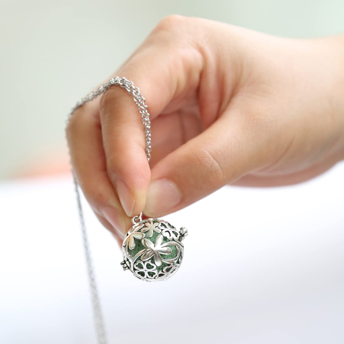 HEDQFM 2PCS Aromatherapy Essential Oil Diffuser Necklace Love Heart and Hollow Ball Locket Pendant Necklace with Lava Bead Stone for Women