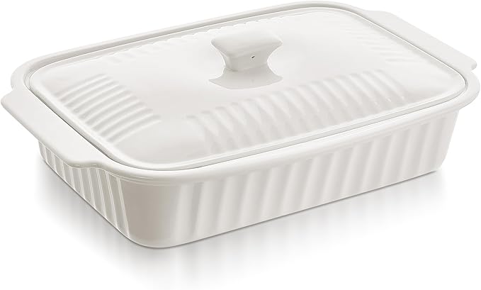Large Baking Dish with Lid,5.5 Quart Lasagna Pan with Lid, 13.5x9 inch Ceramic Casserole Dish with Lid, Microwave, Dishwasher Safe, White