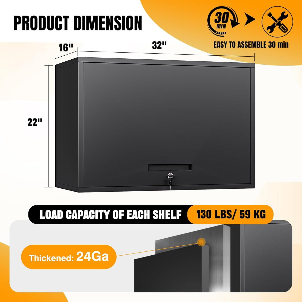 Metal Wall Storage Cabinet Adjustable Shelf 22'' Tall Steel Garage Wall Mounted Cabinet Lockable Floating Garage Storage Shop Trailer Tool Assembly Required