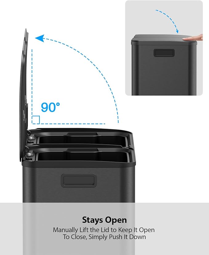 Lovewind Dual Trash and Recycling Bins for Kitchen, 2 * 11-Gallon Stainless Steel Double Trash Can, Step-On Garbage and Recycle Combo, Quiet Close, Pet-Proof, Compatible with 13-Gallon Bags, Black