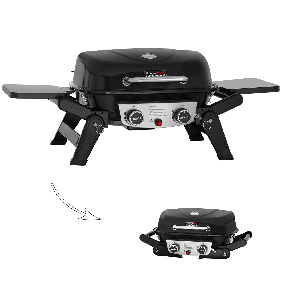 Royal Gourmet GT2005 2 Burner Portable Propane Gas Grill with Foldable Side Tables & Foldable Support Legs, Tabletop Gas Grill with Warming Rack for Outdoor Cooking & Grilling, Black