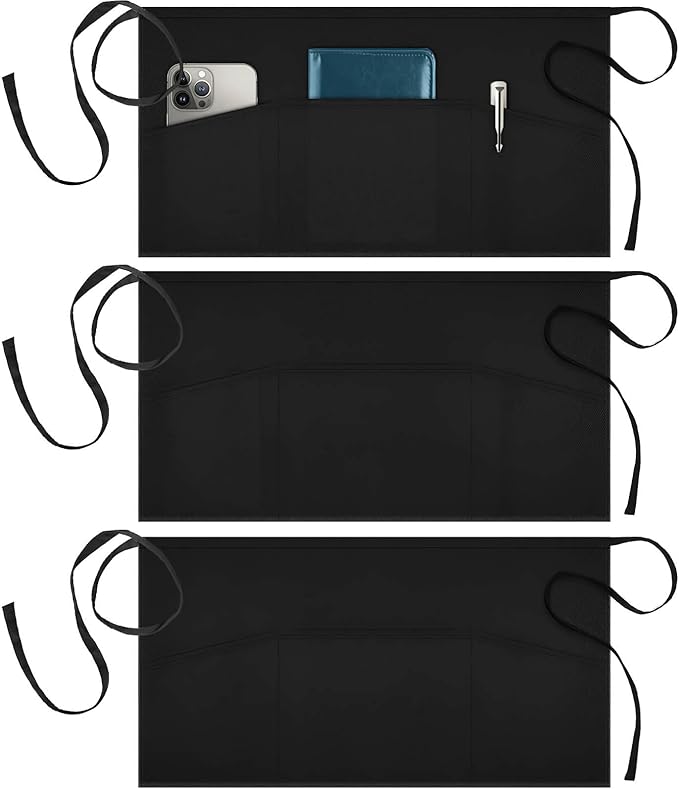 Syntus 3 Pack Server Aprons with 3 Pockets, 100% Cotton Waitress Waiter Waist Apron, 11.5-inch Black